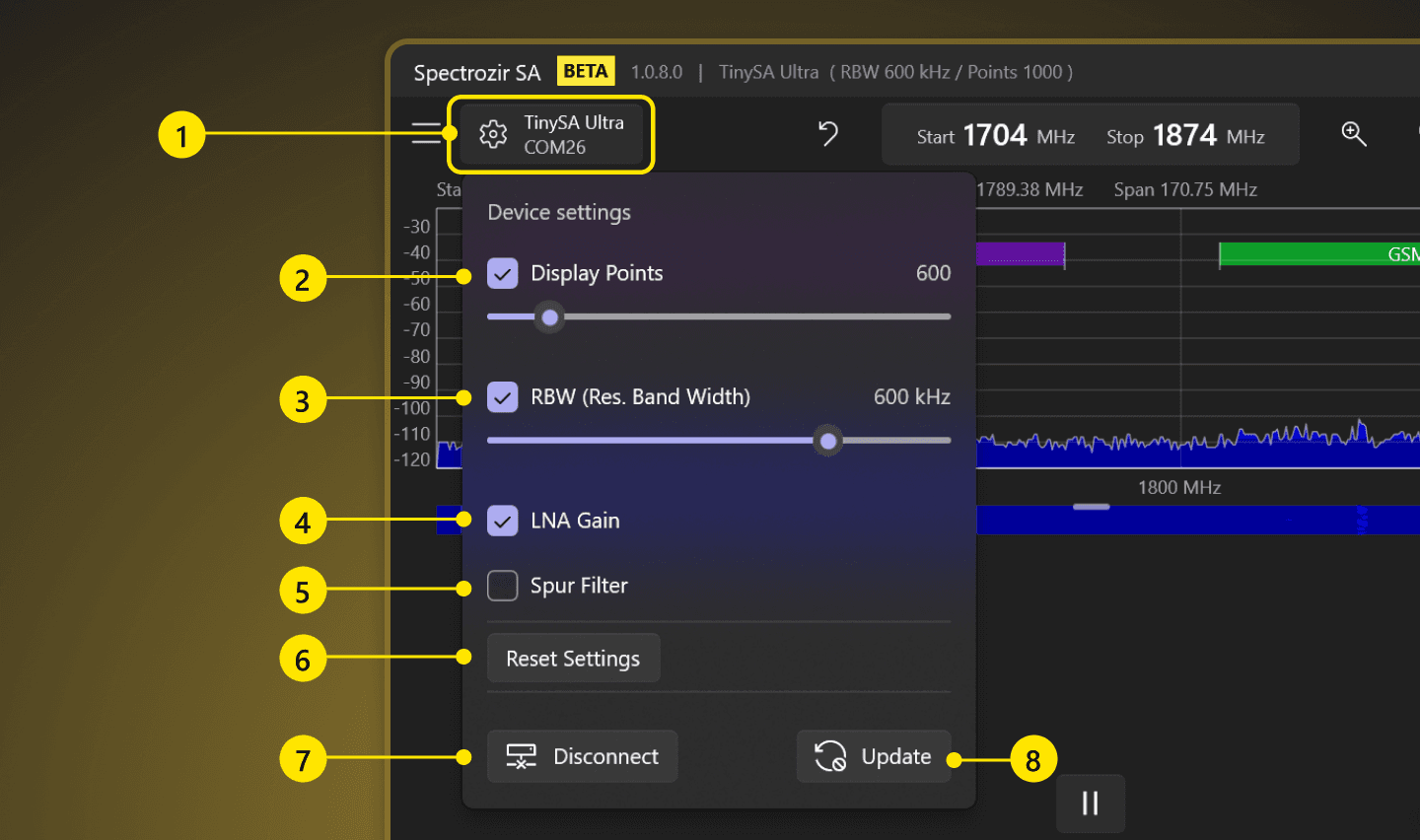 Spectrozir SA - TinySA Settings